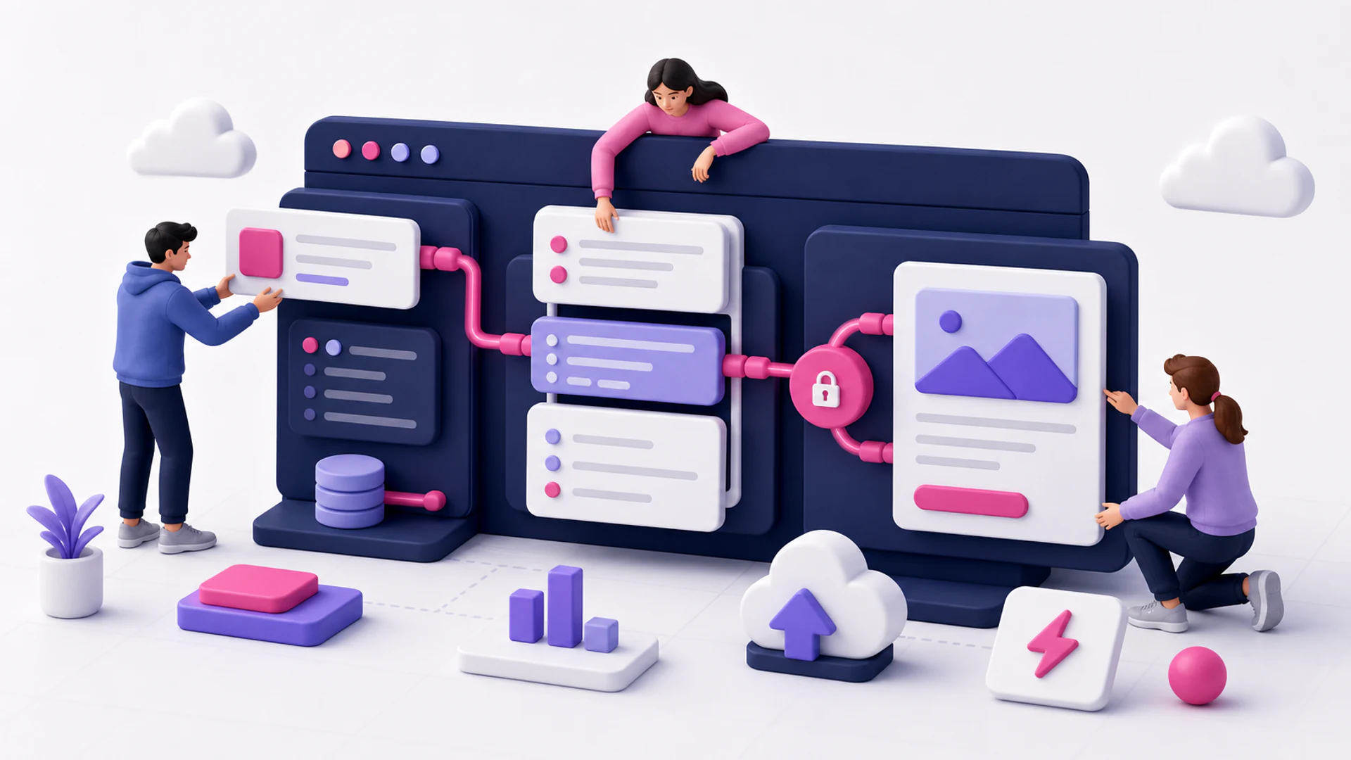 3D ilustrace moderní architektury aplikace v Next.js