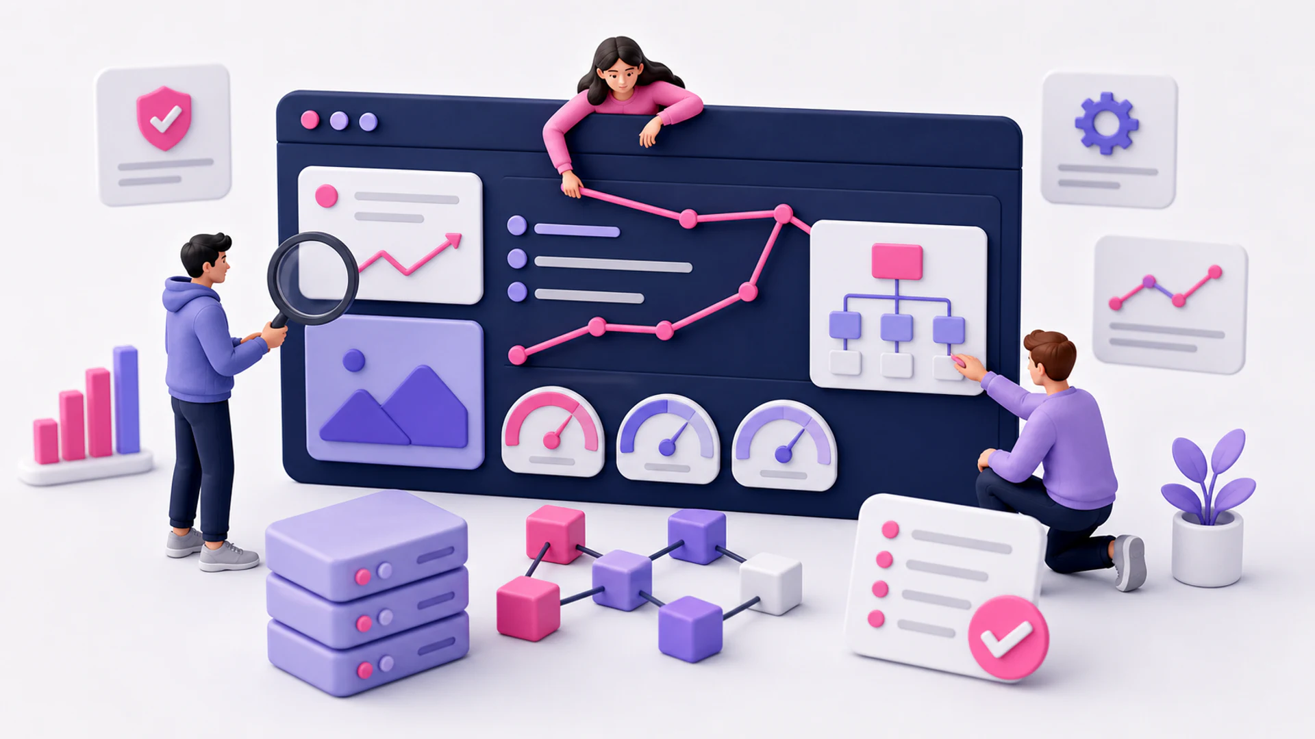 3D ilustrace technického SEO pro web v Next.js