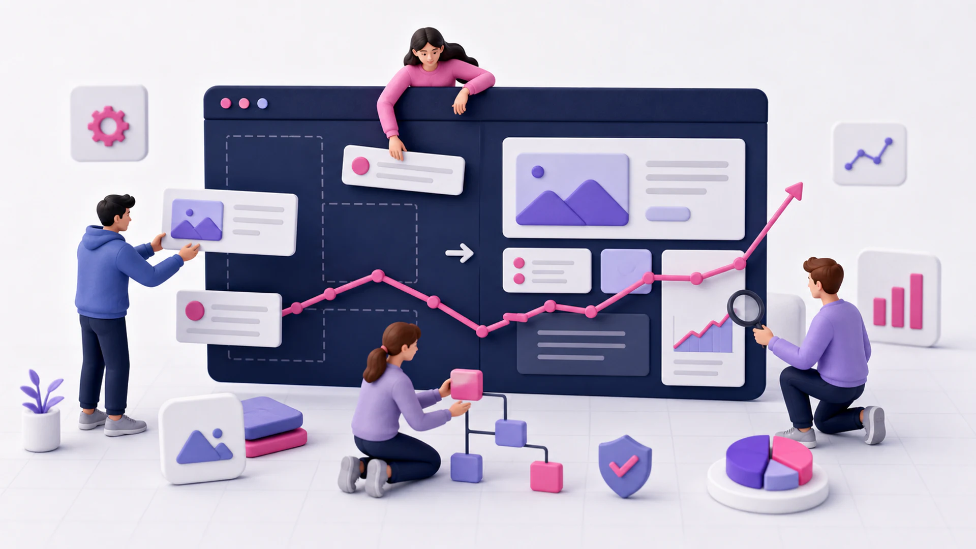 3D ilustrace redesignu webu se zachovaným SEO výkonem