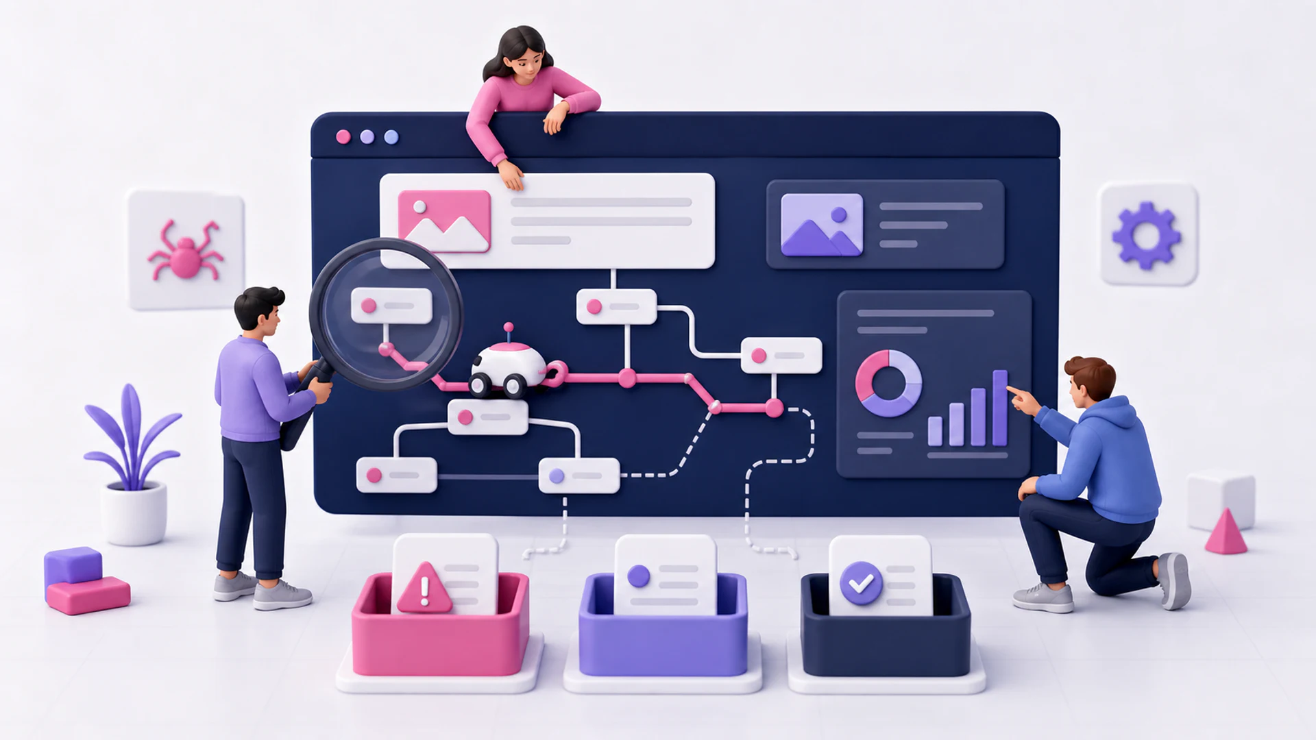3D ilustrace technického SEO auditu firemního webu