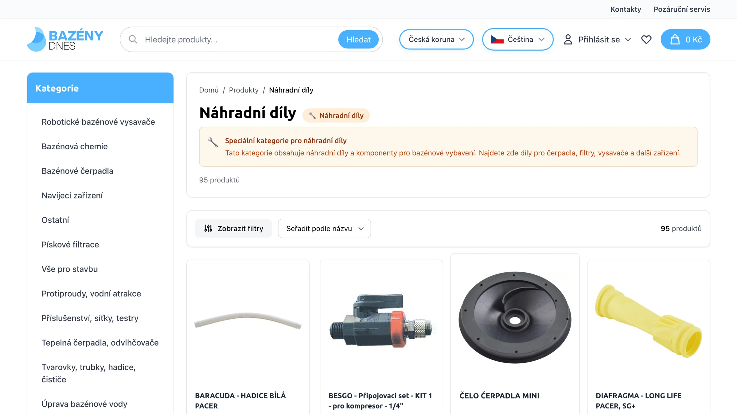 Kategorie náhradních dílů s filtrováním a přehledným výpisem produktů.