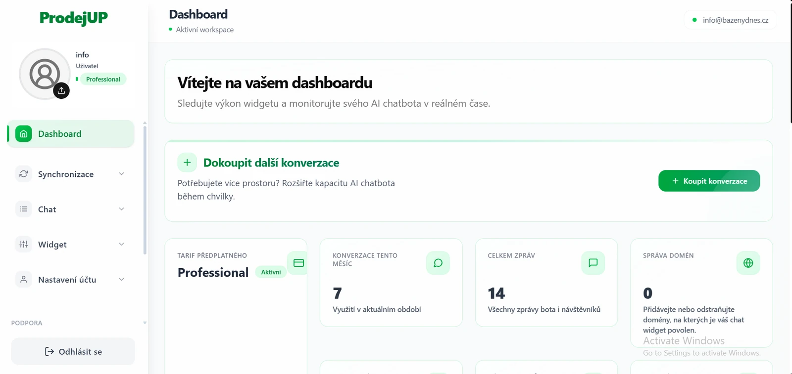 Skutečná administrace ProdejUP s přehledem účtu, chatem a widgetem