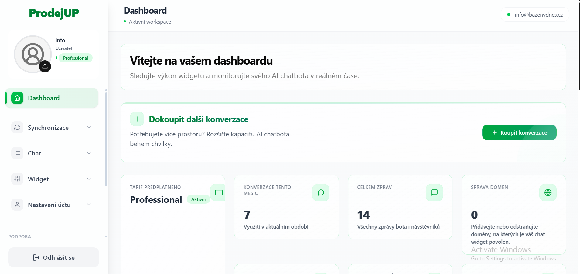 Administrace ProdejUP s nabídkou Chat a Widget, přehledem využití a správou domén